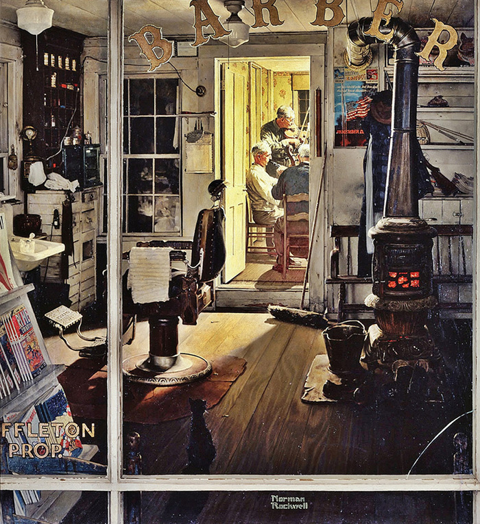 Norman Rockwell. 1950, Shuffleton’s Barbershop, image ©SEPS : Licence accordée par Curtis Licensing, Indianapolis, IN