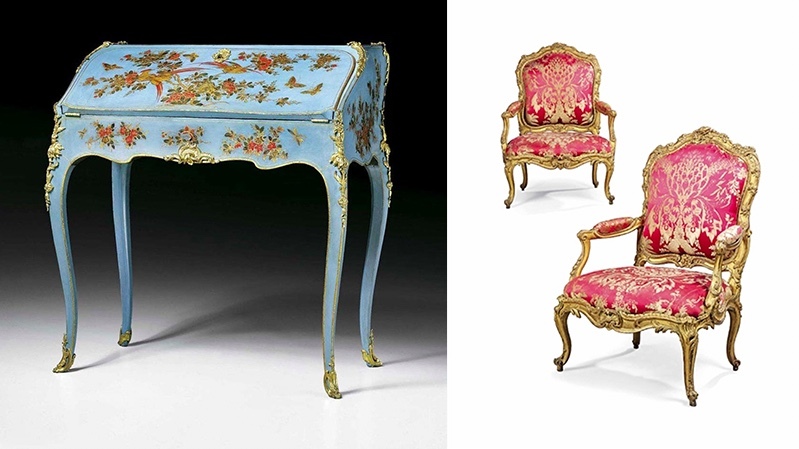 Gauche : B. II van Risenburgh, bureau « en vernis Martin » vernis, 1750-1755, image ©Koller / Droite : N. Heurtaut, fauteuils « à la Reine », 1755-1760, image ©Christie’s