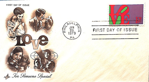 Lettre avec timbre Robert Indiana de 8ct, 1973, image via Etsy