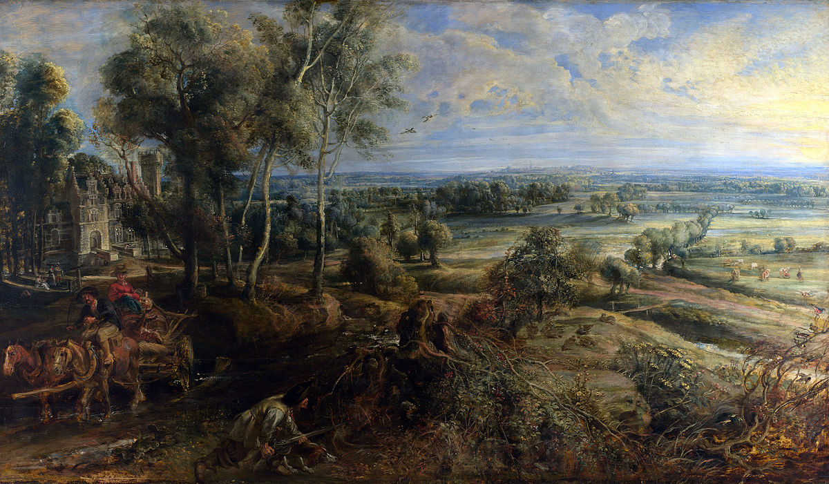 Pierre Paul Rubens, "A View of Het Steen in the Early Morning, Château de Steen with Hunter" omkring år 1636. Foto via Wikipedia.
