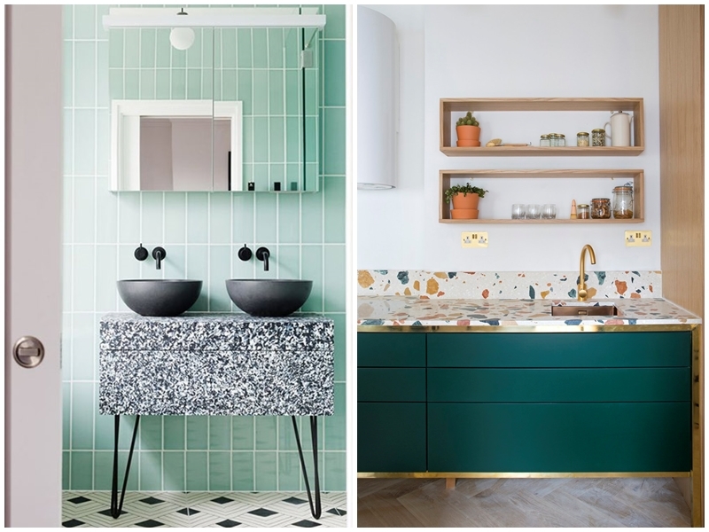Left: Bathroom furniture in this year's terrazzo trend. Photo via: Hello Magazine. Right: The kitchen could also benefit from the use of terrazzo. Photo via: Eve Morgan Interiors.