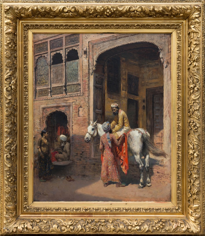 Outdoor figural oil on canvas rendering by Edwin Lord Weeks (American, 1849-1903), 24 inches by 20 inches in a gold gilt frame and signed “E. L. Weeks” lower left ($82,600).