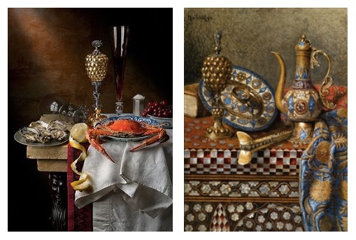 Links: Stillleben von Maria van Oosterwijck (1630-1693) Abb. via Pinterest Rechts: Antiquitätenstillleben von Max Schödl, 1912 Abb. via Arten