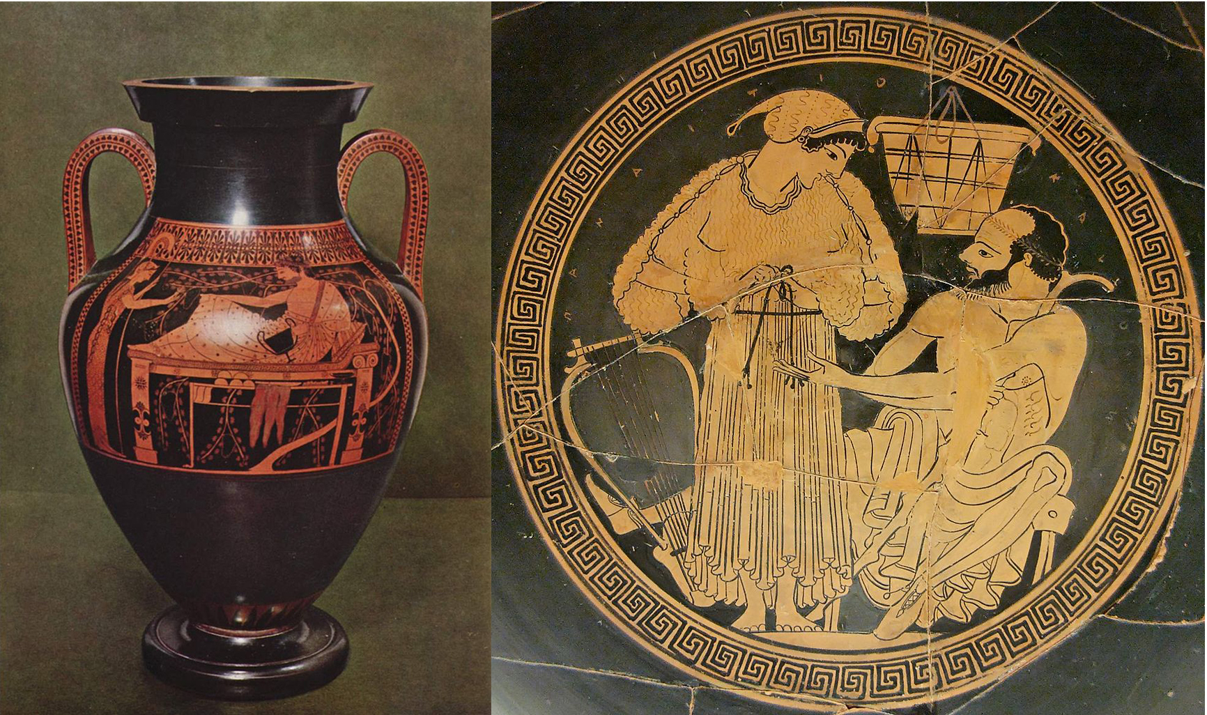 Vänster: Vas från antikens Grekland föreställande Athena och Herakles, cirka 500 f Kr. Höger: Keramikplatta av Euphronios, omkring 500 f. Kr. Foton via Wikipedia.