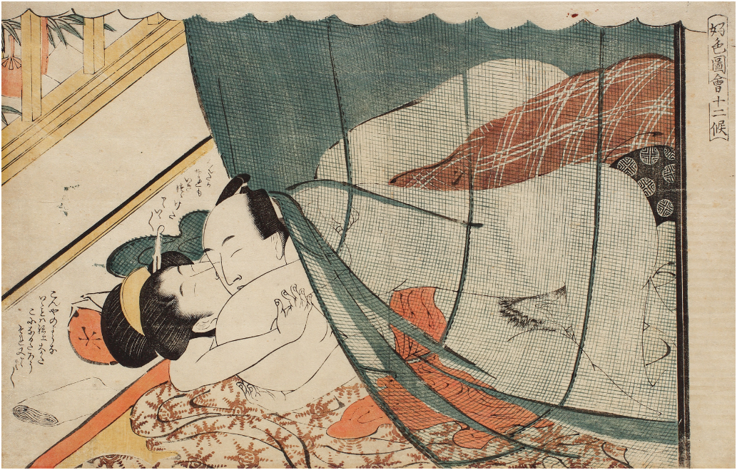 KATSUKAWA SHUNCHO - Shunga with a pair, which is covered by a green mosquito net, Koshoku Zue Juniko series, Nishiki-e technique On sale at Artmark