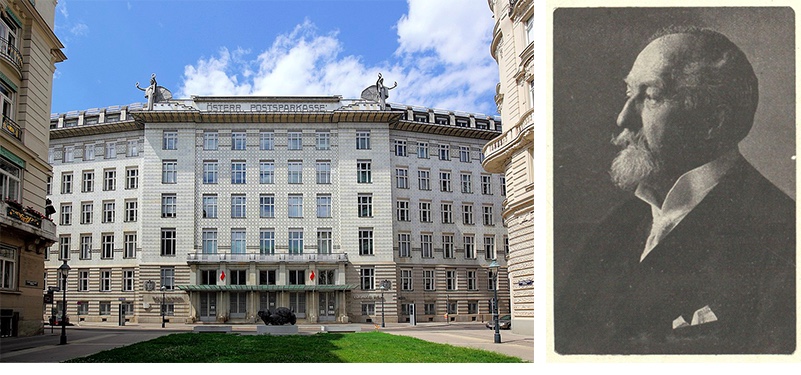 Links: Postsparkasse (1906) | Abb. © Bwag/Wikimedia Rechts: Otto Wagner um 1910 | Abb.: Wikipedia