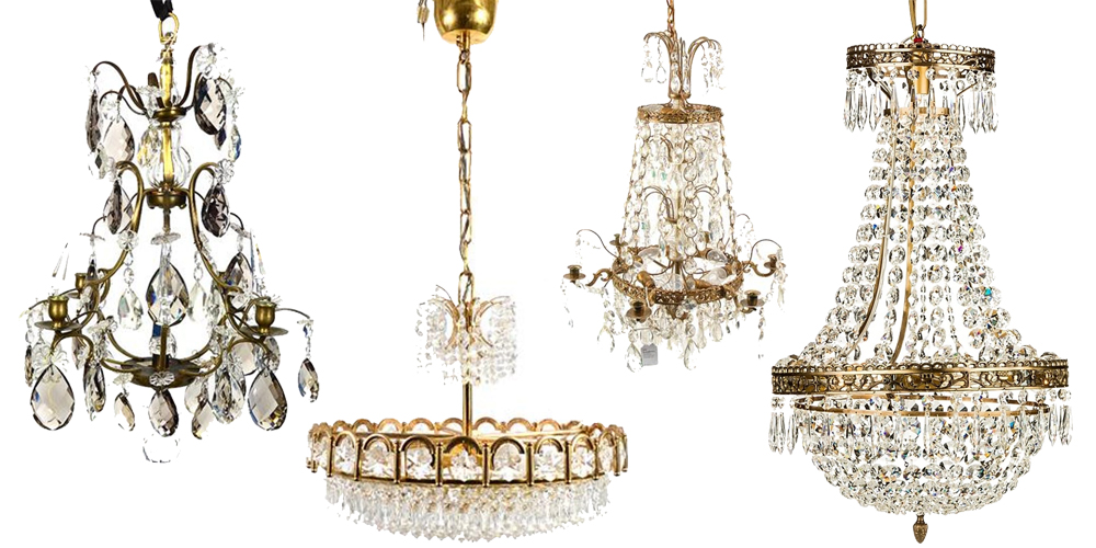 1. Kristallkrona H ca 65cm, 1 800 kronor 2. Kristallkrona med fem lampor, 700 kronor 3. Kristallkrona, 6st ljushållare gustaviansk stil, 1 500 kronor 4. Kristallkrona från KN CHANDELIERS, 6 100 kronor
