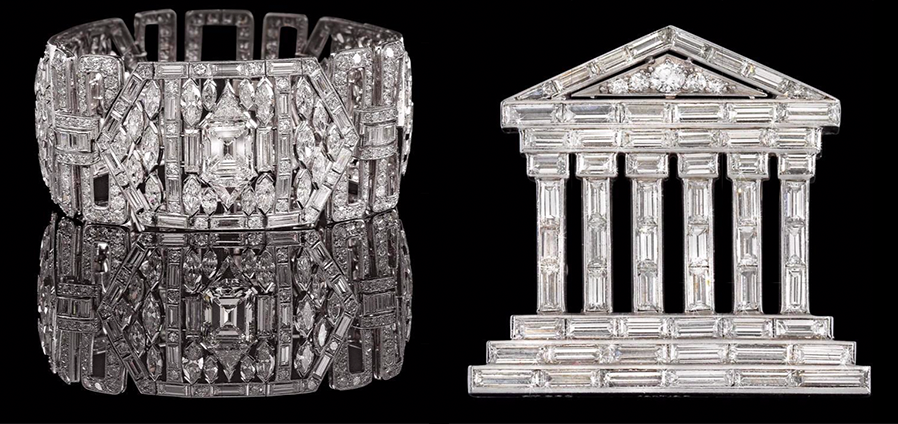 Right: Cartier bracelet. Left: Cartier diamond brooch "Temple" No. 3105 | Photos: © Dorotheum