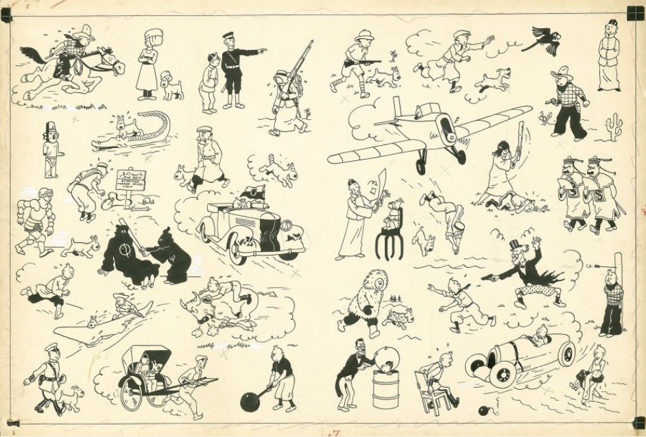 Hergé, Encre de Chine pour les pages de garde des albums des aventures de Tintin publiés de 1937 à 1958. Adjugé 2,654,400 €