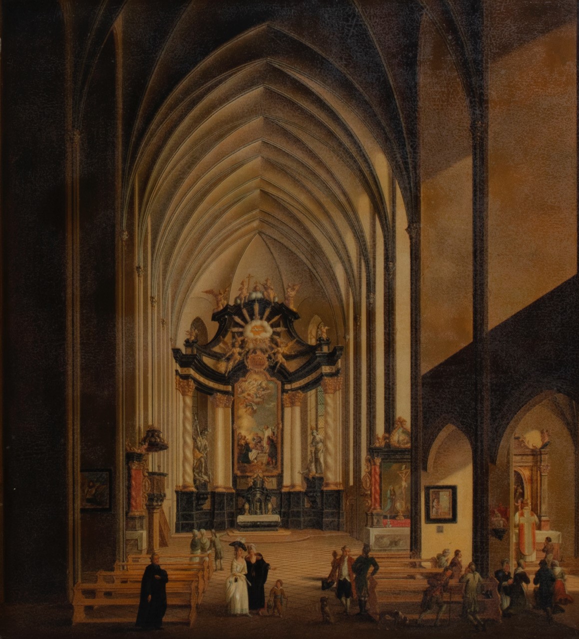 Oil on copper scene of a Gothic cathedral with Baroque baldacchino and figures by Johann Ludwig Ernst Morganstern (German, 1738-1819) (est. $10,000-15,000).