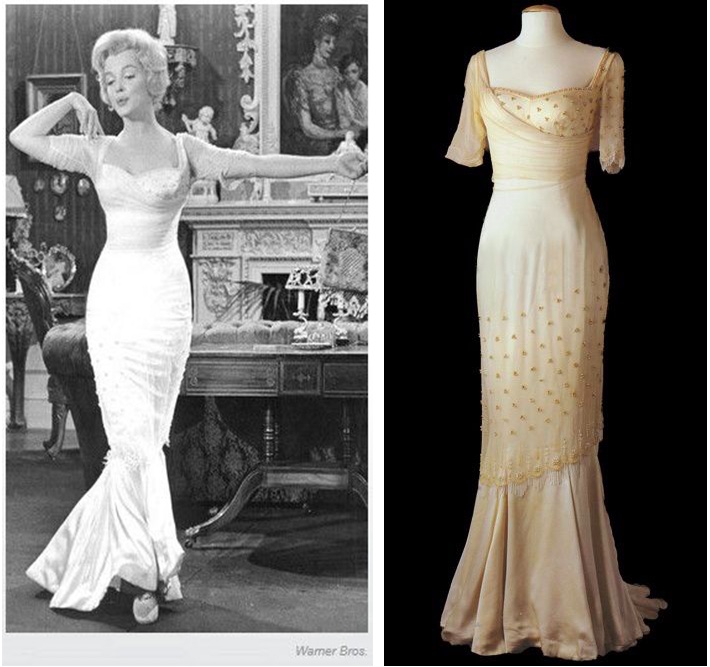 Ein Ballkleid aus Chiffon und Satin trug Marilyn in "Der Prinz und die Tänzerin" 1957, ein Film, der von Marilyns kurzlebiger Produktionsfirma "Marilyn Monroe Productions" finanziert wurde. Marilyn und ihr Co-Star Laurence Olivier verstanden sich nicht besonders, was auf der Leinwand zu spüren war. | Beide Fotos via Pinterest