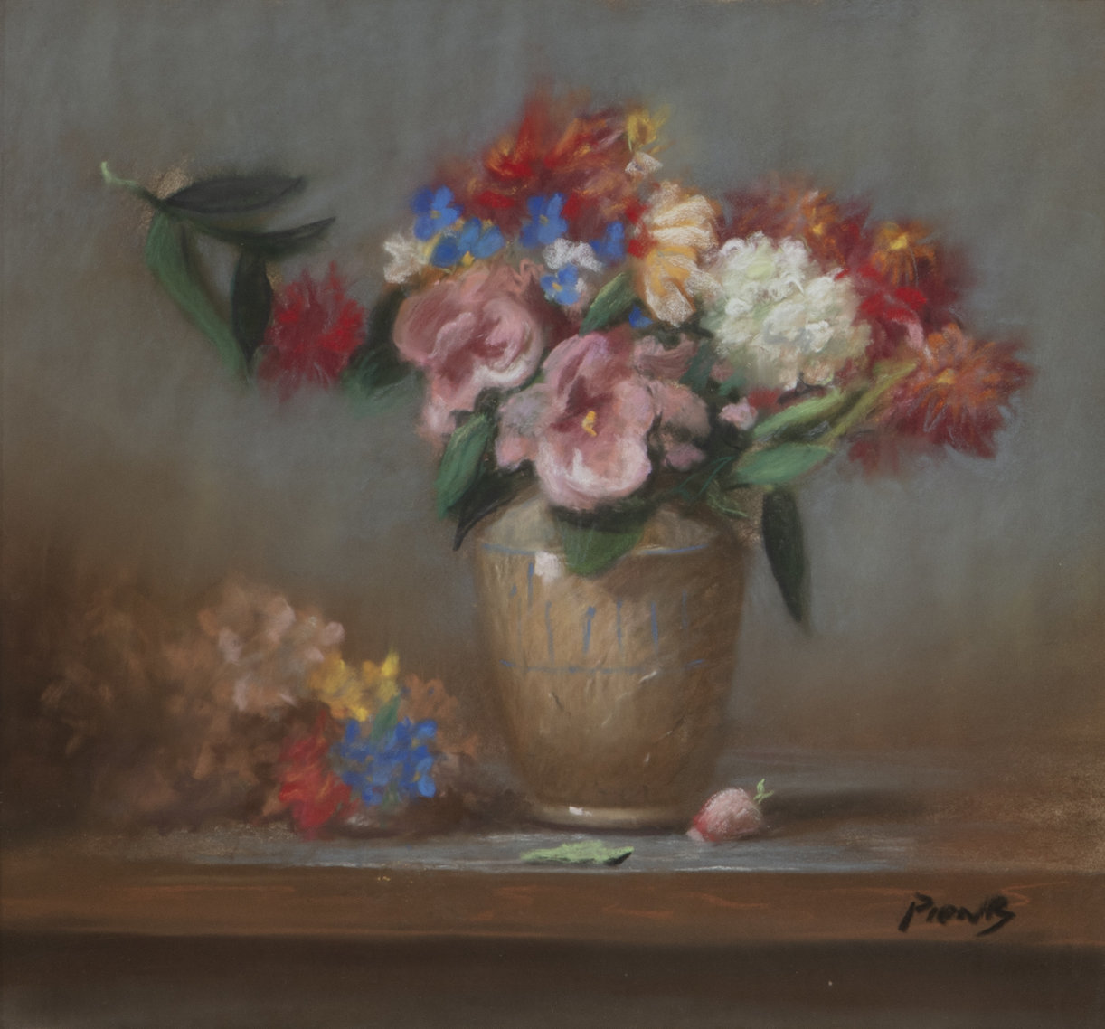Pastel on paper by Richard Pionk (American, 1936-2007), titled Still life with flowers in a vase, circa 1905, signed ‘Pionk’ lower right (est. $150-$250).