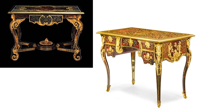 Gauche : AC Boulle, table, vers 1685, image ©Christie’s / Droite : B. I van Risenburgh (attribué), bureau, vers 1710-1715, image ©Sotheby’s