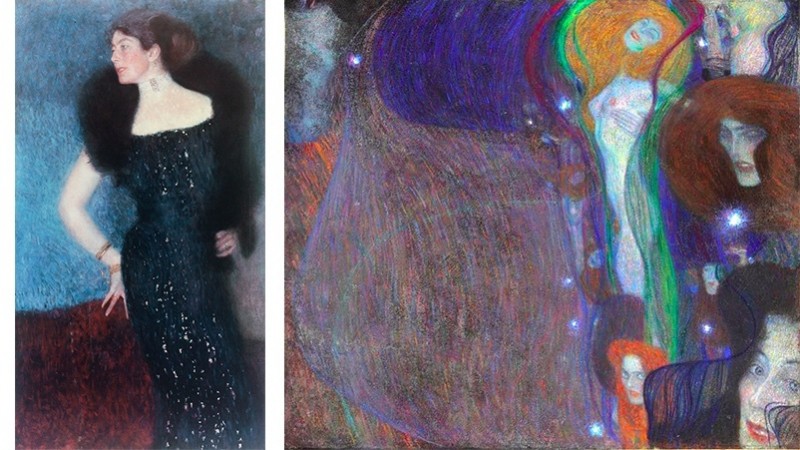 Vänster: Gustav Klimt, porträtt av Rose von Rosthorn-Friedmann. Foto: Wikipedia. Höger: Gustav Klimt, "Irrlichter". Foto: klimt.com.