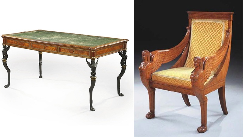 Gauche : A. Weisweiler / P. P. Thomire, bureau, fin du XVIIIe siècle, image ©Christie’s / Droite : fauteuil du Directoire, fin du 18ème siècle, image ©Christie’s