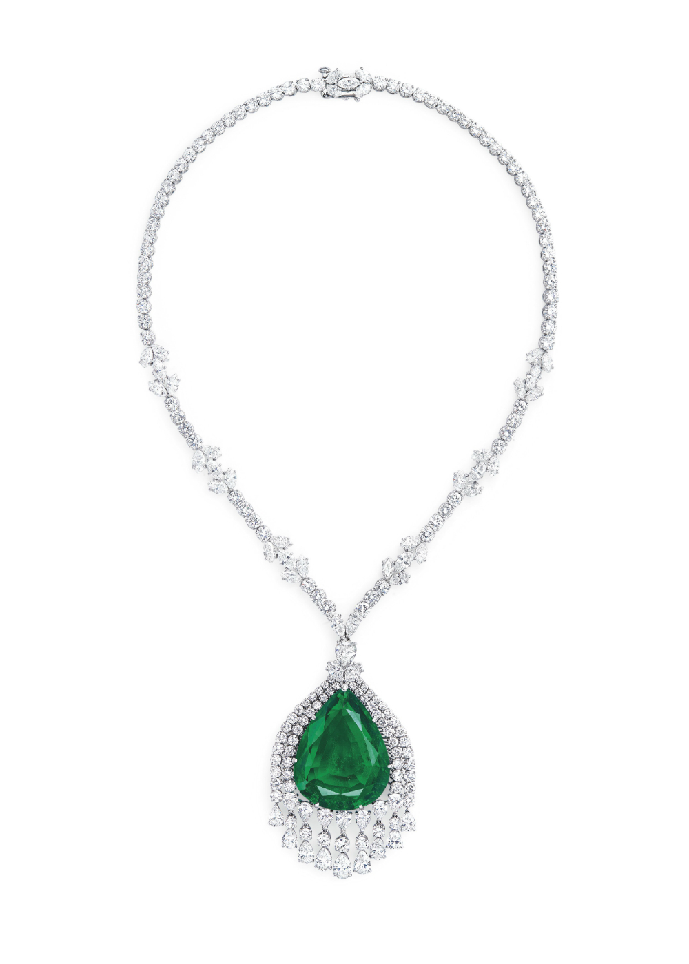 The emerald and diamond pendent necklace that will be sold by Christie's on May 15. Image: Christie's