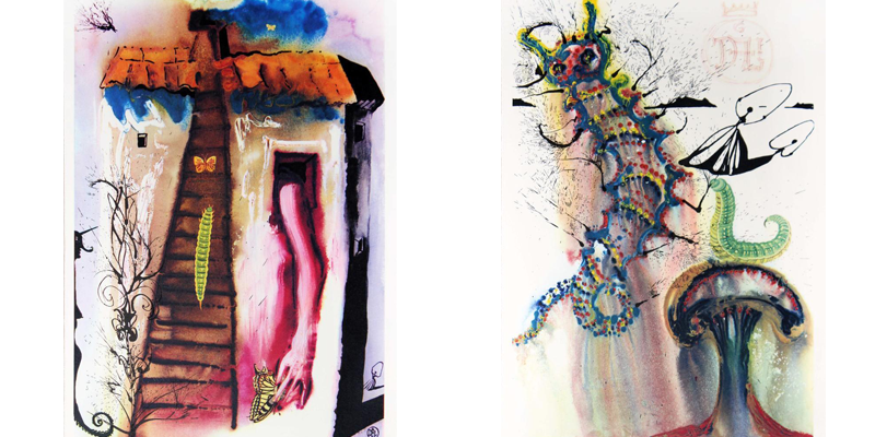 T.v. Salvador Dalí, "The Rabbit Sends in a Little Bil"l, 1969. T.h. Salvador Dalí "Advice from a Caterpillar" 1969