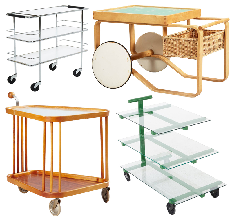 1. Gunilla Allard serveringsvagn "Cargo", 7 600 kronor 2. Alvar Aalto, serveringsvagn, 61 250 kronor 3. Serveringsvagn NK, 6 200 kronor 4. Josef Frank, tevagn, 8 400 kronor