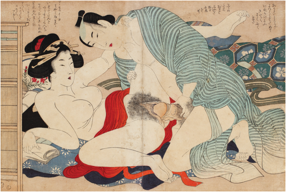 KATSUSHIKA HOKUSAI - Shunga with a couple in a private room, Manpuku Wagojin series (The Gods of Sex), Nishiki-e technique with metal pigments, 25.5 x 37 cm, 1835, rare On sale at Artmark