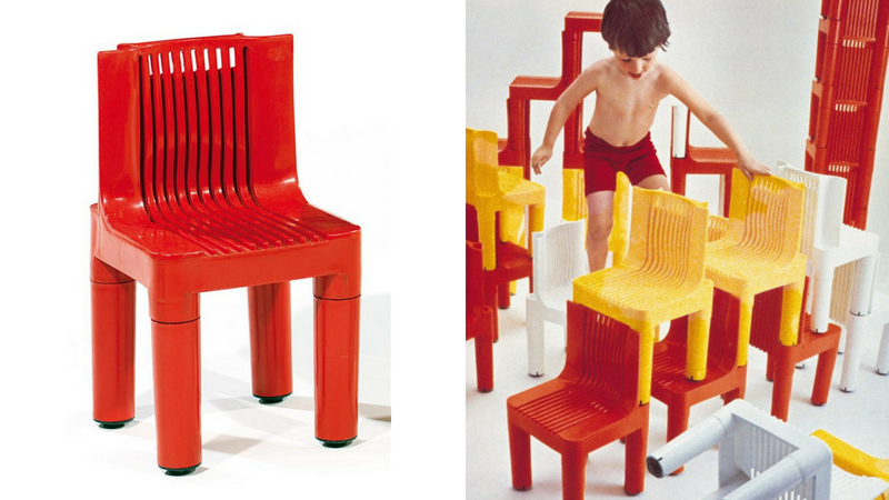 Gauche : la chaise K1340 a été la première à être entièrement fabriquée en plastique renforcé, image via Tajan / Droite : une publicité de l'époque, image via © Kartell