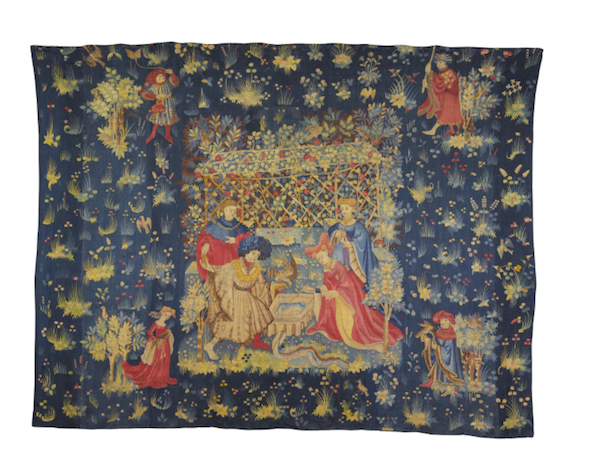 A Medieval Falconry Tapestry Panel, South Netherlands first half 15th century, woven with courtly figures in circa 1420 costume, involved with the training process of the sport of `Hawking - Falconry'. One of the most expensive tapestries to ever sell at auction. This work sold for $3 370 000 at Sotheby's in 2010.