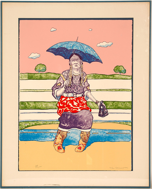Spectacular lithograph on paper signed by the important Native American artist Tommy Wayne (“T.C.”) Cannon (1946-1978), titled Waiting for the Bus, Andarko Princess ($12,500).