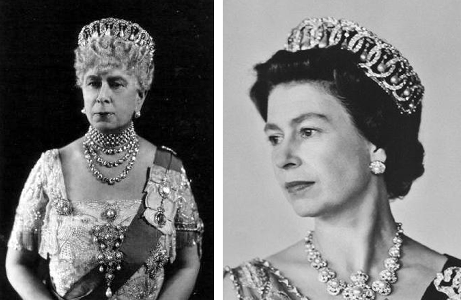 Gauche : la Reine Mary portrait le Diadème Vladimir / Droite : sa petite-fille, la Reine Elizabeth II, portant le bijou en 1968