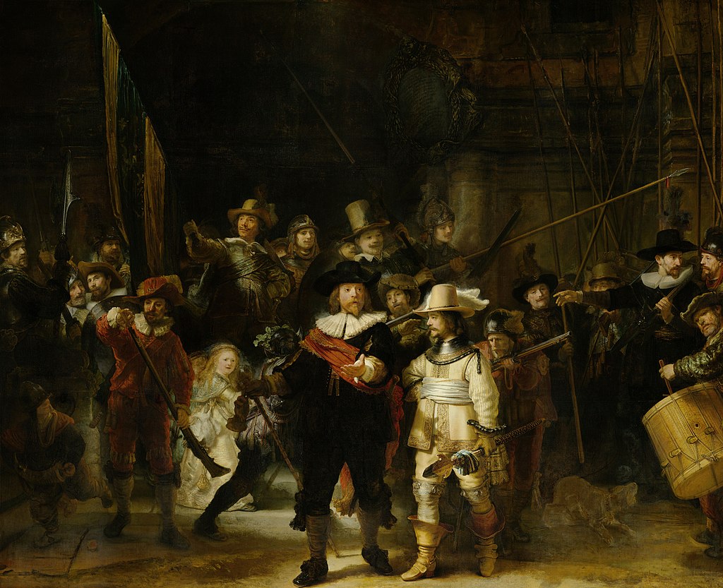 Målningen föreställer en grupp officerare och andra medlemmar av civilgardet i Distrikt II under ledning av Frans Banninck Cocq och Willem van Ruytenburch. Verket gjordes på beställning av medlemmar i Amsterdams civilgarde 1642 och är känt som Rembrandts mest ambitiösa arbete och har varit Rijksmuseums kronjuvel sedan 1808. Galleriet som är dedikerat praktverket på Rijksmuseum besöks av 2 miljoner människor årligen. Bild: Rijksmuseum
