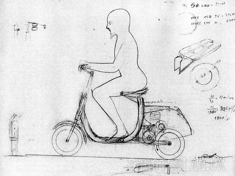 Dibujo original de Corradino d'Ascanio, pruebas de diseño. Imagen vía: ScooterLab