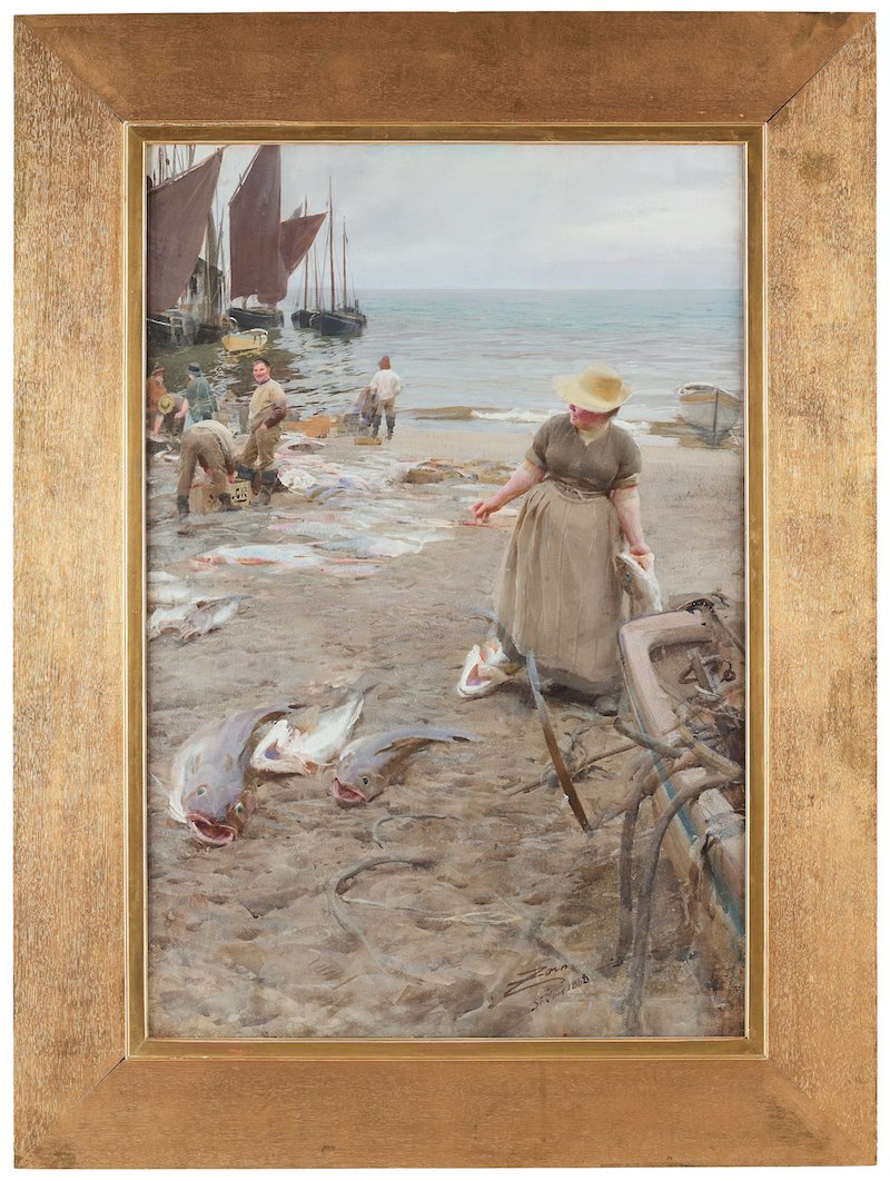 Dyrast i år? Anders Zorns fantastiska akvarell från 1888 räknas som en av konstnärens främsta målningar. ”Fiskmarknad i St. Ives” är utan tvekan en museal målning som har visats på i stort sett alla de viktiga internationella utställningar med konstnären representerad sedan 1900-talets början. Utropet är 18-20 miljoner kronor. Även om motivet inte är en svensk midsommardröm så är det väl värt varenda krona
