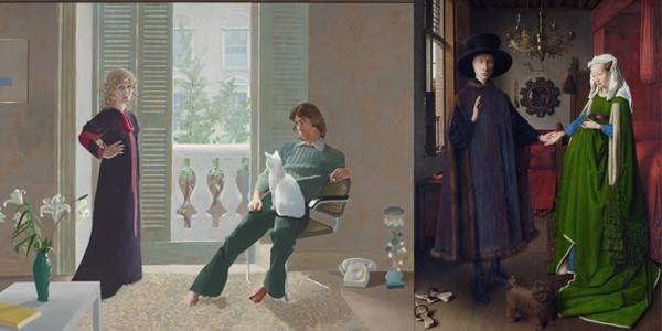 Left: David Hockney, ‘Mr and Mrs Clark and Percy’, 1971. Right: Jan van Eyck, ‘Arnolfini Portrait’, 1434