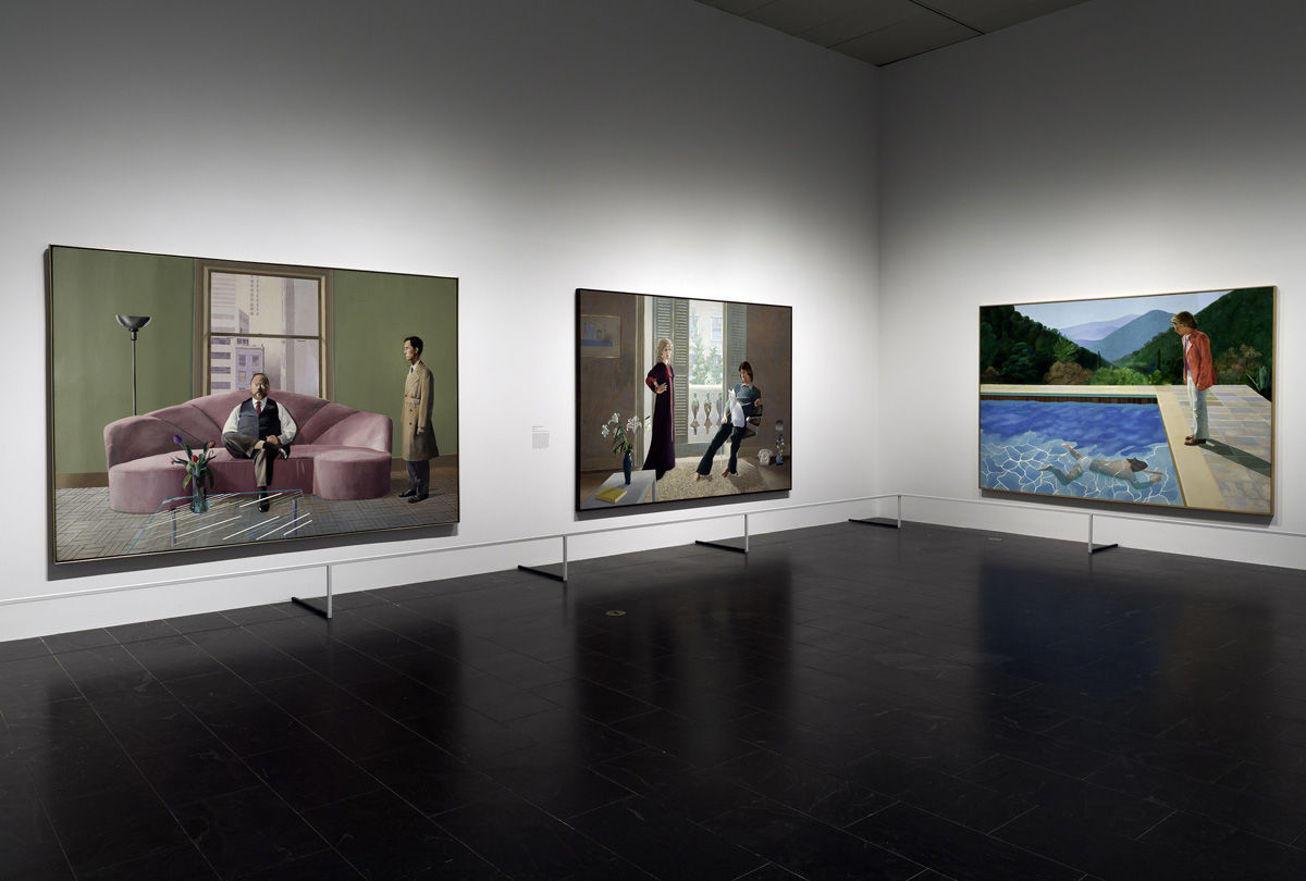 Three of Hockney's most famous double portraits (from left: Henry Geldzahler and Christopher Scott, Mr and Mrs Clark and Percy, Portrait of an Artist) at The Met's David Hockney retrospective in 2017. Image: The Metropolitan Museum of Art