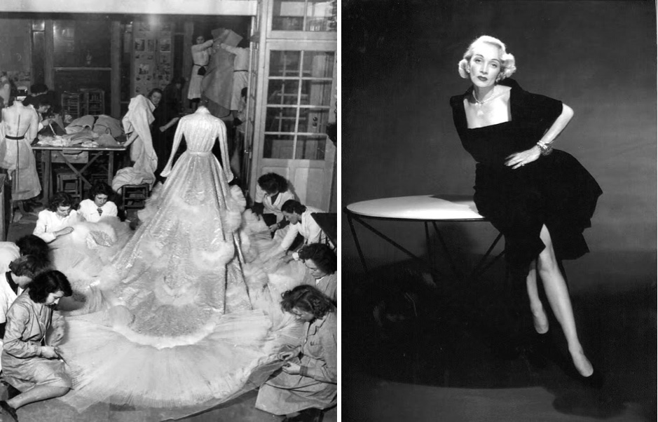 Links: Sorayas Brautkleid im Dior-Atelier 1951 Rechts: Marlene Dietrich in Dior Beide Fotos via Pinterest