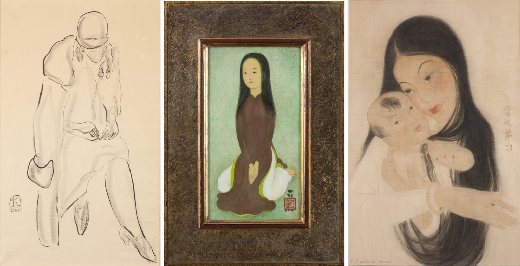 À gauche: Sanyu (1901-1966), Jeune femme. Encre sur papier, 42.5 x 25.5 cm Au centre: Mai Trung Thu (1906-1980). Jeune fille agenouillée, Encre et couleurs sur soie, 25.6 x 13.5 cm À droite: Le Van De (1906-1966), Maternité, 1938. Encre et couleurs sur soie, 56 cm x 37.5 cm