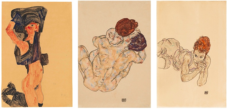 Links: Egon Schiele, Kniendes Mädchen, sich den Rock über den Kopf ziehend, 1910 | Abb.: Christie's Mitte: Egon Schiele, Mann und Frau (Umarmung), 1917 | Abb.: Christie's Rechts: Egon Schiele, Liegende Frau, 1917 | Abb.: Dorotheum