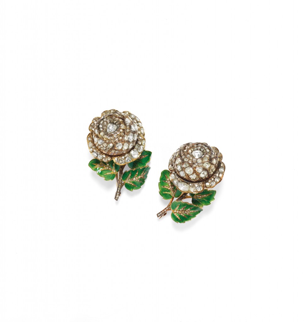 Paar Broschen aus Gold und Silber mit Emaille und Diamanten, ca. 1860 Schätzpreis: 15.000-25.000 EUR
