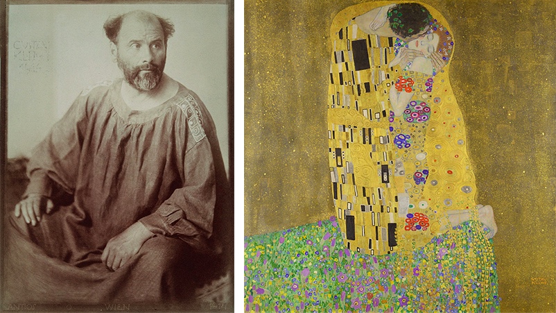 Links: Anton Josef Trčka, Portraitfotografie von Gustav Klimt, 1914 Rechts: Gustav Klimt, Der Kuss, 1907/08 | Beide Abbildungen: Wikipedia