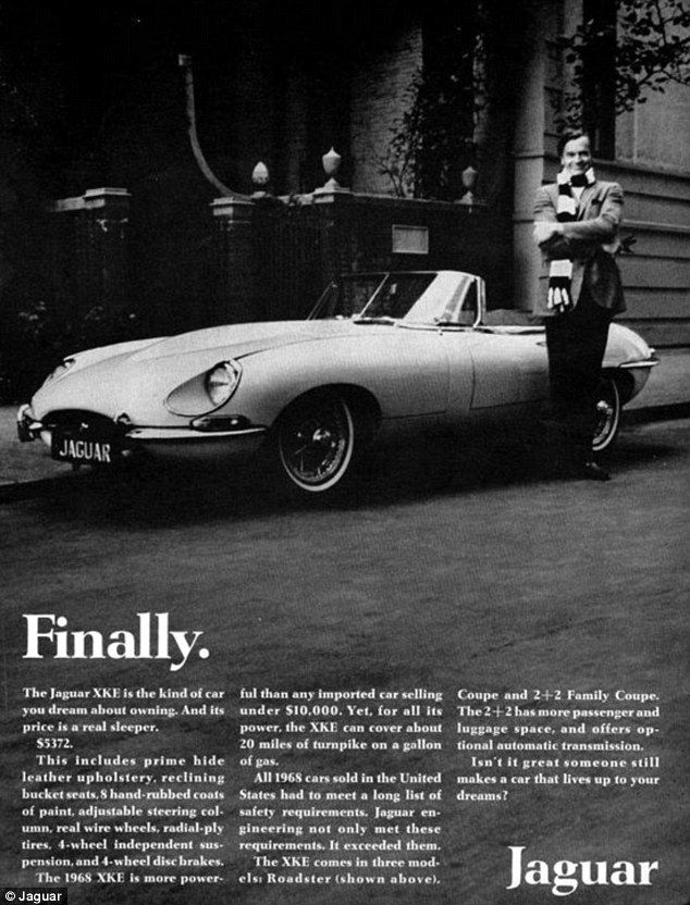 An advertisement for the Jaguar E-type model, first released in 1968