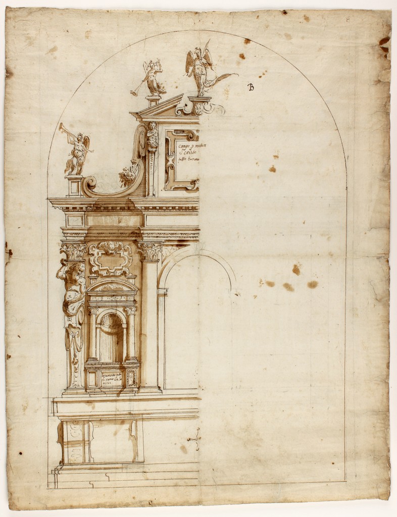 Anonym - Entwurf eines Möbelstücks oder einer sakralen Dekoration, braune Tinte und Wasserfarbe, 540x417 cm, Florenz spätes 16. Jh. Preis: 1.000 EUR