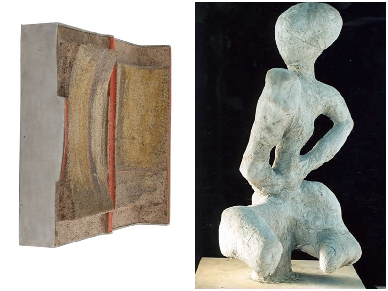 Left: ARNE L. HANSEN. Wall hanging. Photo via: Bruun Rasmussen. Right: JENIK COOK. "My ET". Sculpture in concrete. Image via: RoGallery Online.