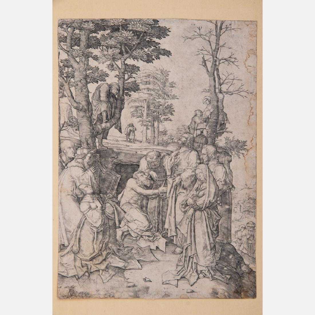 Engraving on laid paper by the Dutch artist Lucas van Leyden (1494-1533), titled The Praising of Lazarus (circa 1508), 11 ½ inches by 8 inches (est. $800-$1,200).