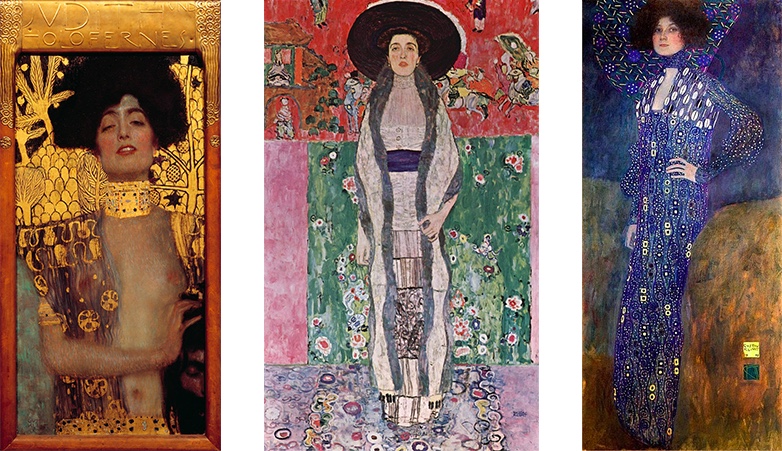 Links: Gustav Klimt, Judith I, 1901 Mitte: Gustav Klimt, Adele Bloch-Bauer II, 1912 Rechts: Gustav Klimt, Bildnid der Emilie Flöge, 1902 | Alle Abbildungen: Wikipedia