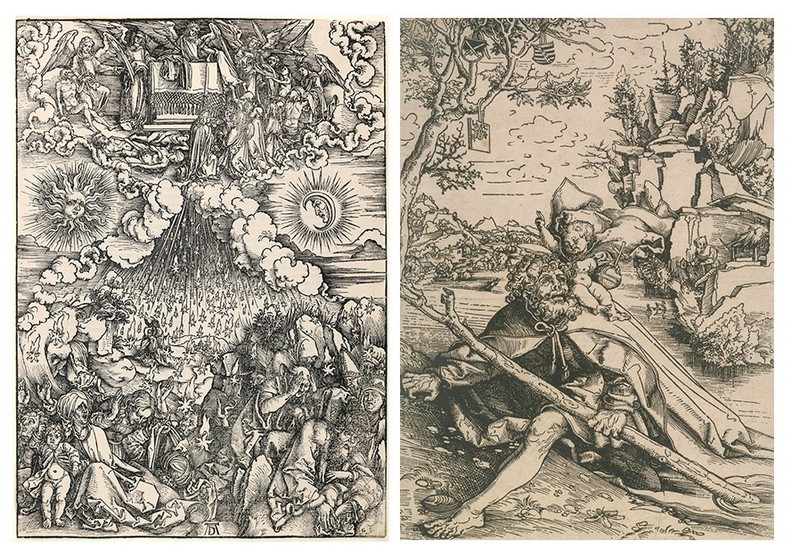 Izquierda: ALBRECHT DÜRER. Figura del Apocalipsis" (1498)
Derecha: LUCAS CRANACH. "San Cristóbal" (c. 1506)