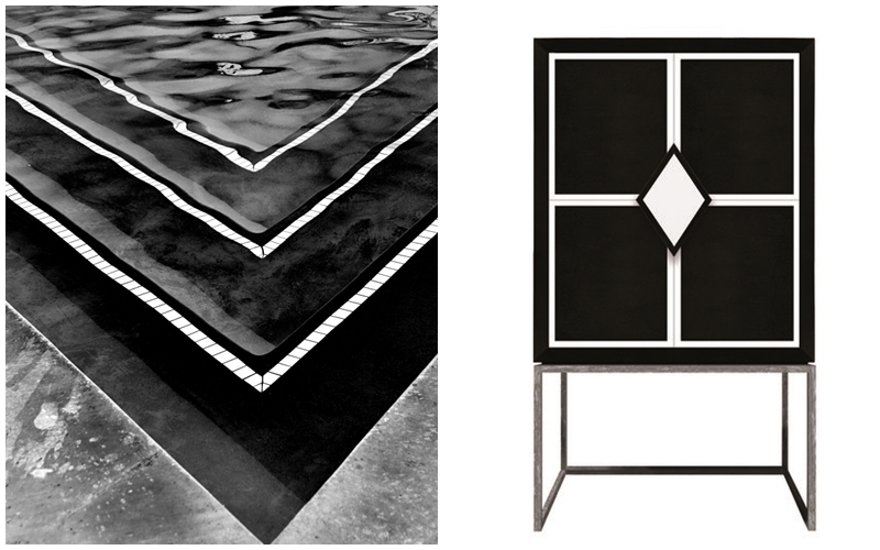 Left: WILLIAM DEY. "Pool abstraction". Photography. Photo via: Zatista. Right: ISABELLA COSTANTINI. Lacquered furniture in black and white with metal frame. Image via: Artemest.