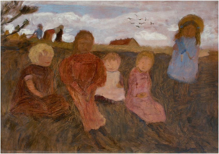 PAULA MODERSOHN-BECKER (1876 Dresden - 1907 Worpswede) - Fünf Kinder an einem Hang, rechts Elsbeth, 1902