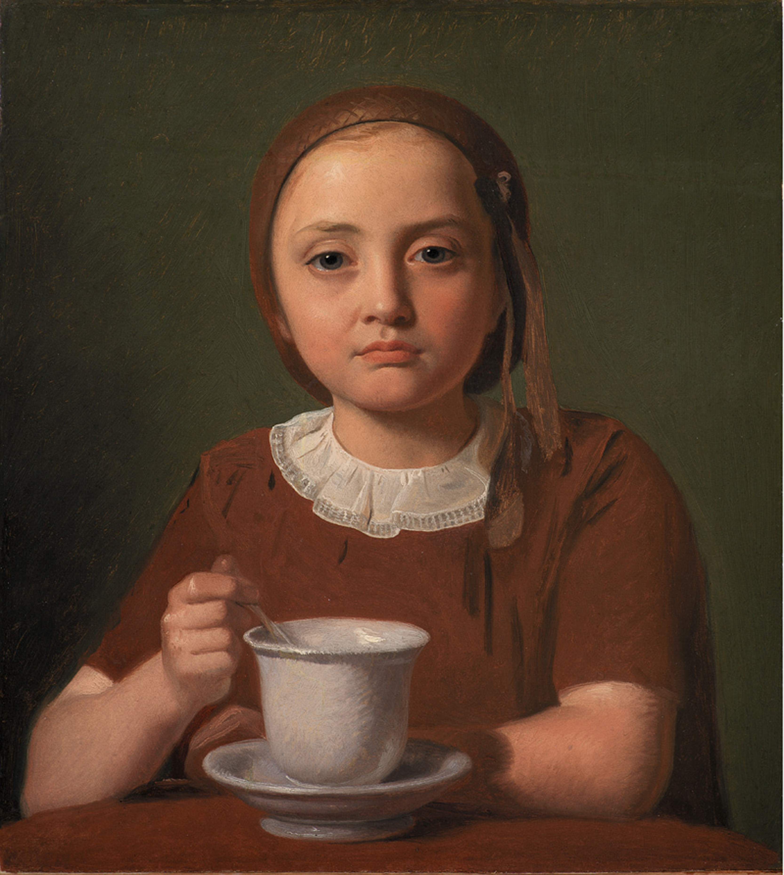 Constantin Hansen, "En lille pige, Elise Købke, med en kop foran sig", 1850. Olja på papper uppklistrat på duk. SMK, Statens Museum for Kunst.