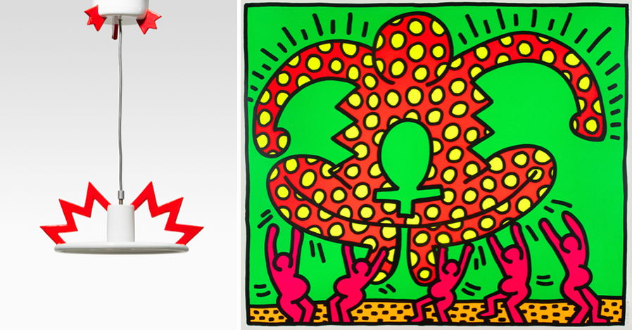 Links: Matteo Thun, Deckenlampe "Santa Fe", Porzellan, Entwurf: 1985, Ausführung: Memphis, Milano Rechts: Keith Haring (1958 Kutztown - 1990 New York), "Fertility #5", Farbserigraphie 37/100, signers und datiert, 1983 | Fotos: Schuler