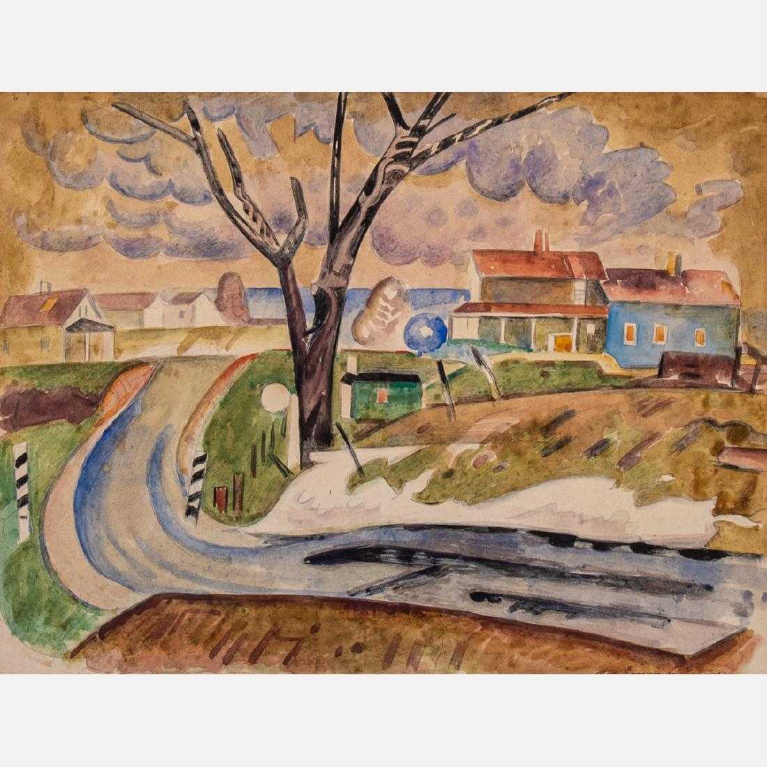 Watercolor by the American Modernist painter William Sommer (1867-1949), titled Landscape with Houses, signed lower right (est. $3,000-$5,000).