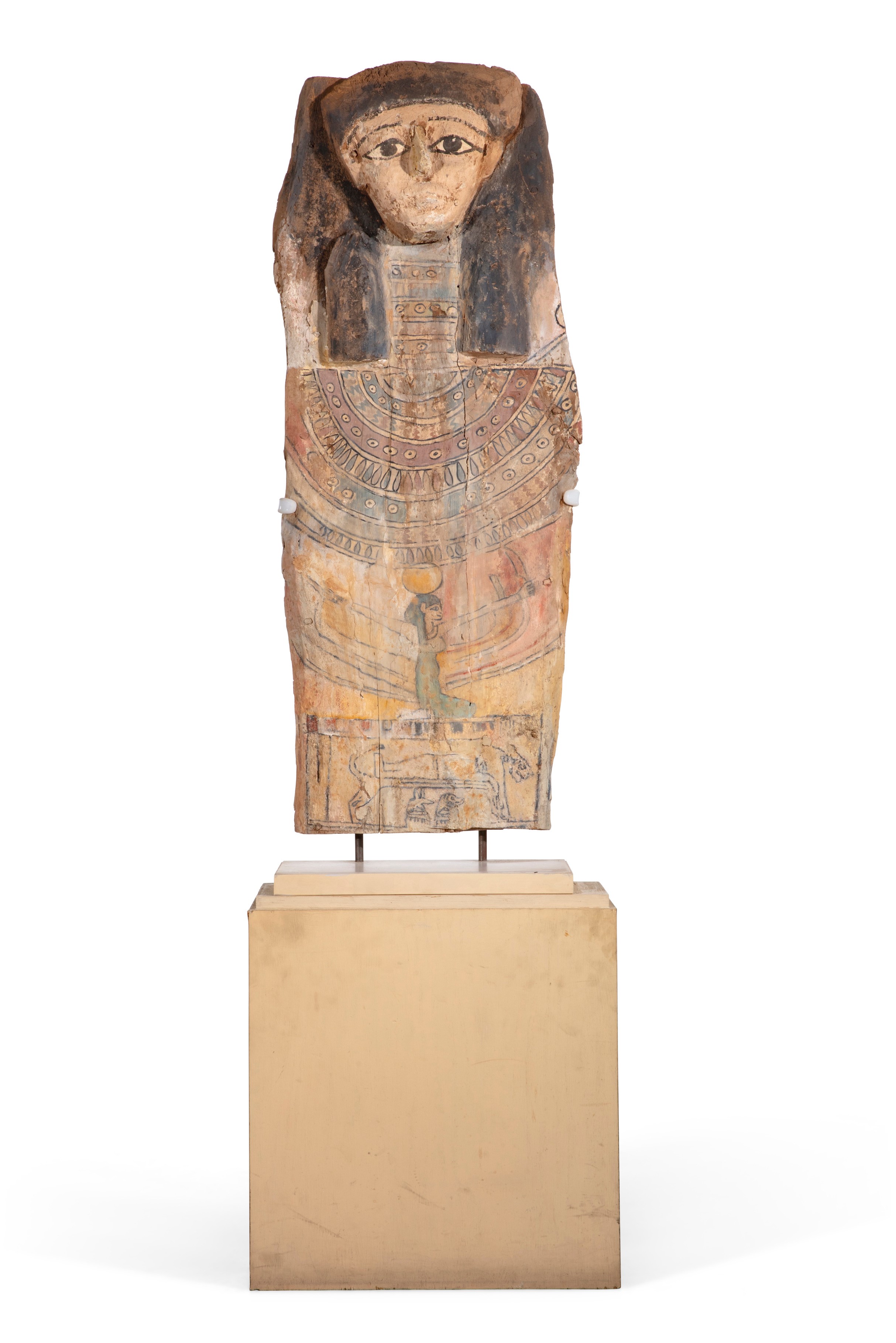 Egyptian polychrome decorated sarcophagus cover from the late Period to Ptolemaic Period,
circa 664-30 BC, formerly in the collection of the late actor Larry Hagman. (est. $600-800).
