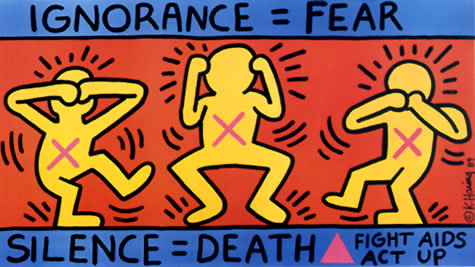 Ignorance=Fear, Silence=Death, 1989 Poster for ACT UP Keith Haring artwork © Keith Haring Foundation